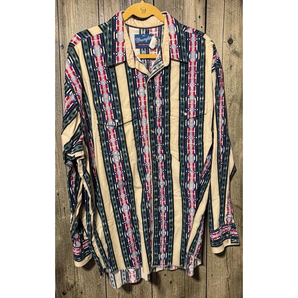 Vintage Wrangler Pearl Snap Southwestern Aztec Cowboy Shirt Sz 2XL Tall TubA2